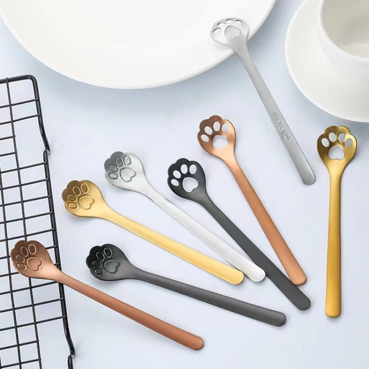 Stainless Steel Coffee Stirring Spoon Ice Cream Cartoon Cat Paw Spoon, Silver, Gold, Black, Slotted Spoon Silver, Slotted Spoon Rose Gold, Slotted Spoon Black
