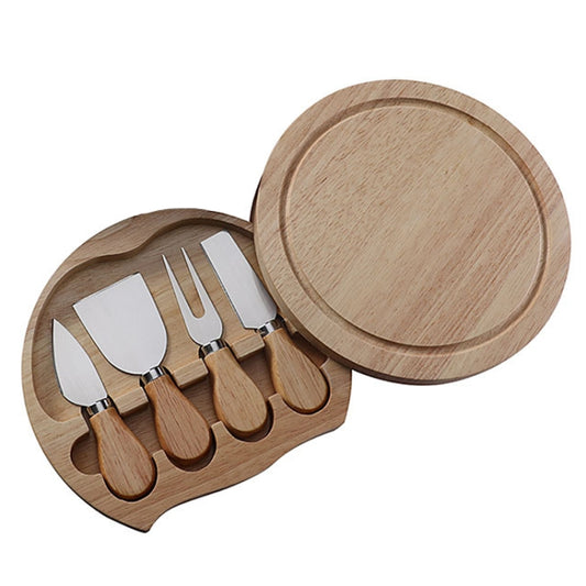 4pcs /Set Round Oak Box Cheese Knife Spatula Stainless Steel Cheese Tools Cutlery, Steel Color, Black, Gold