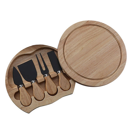 4pcs /Set Round Oak Box Cheese Knife Spatula Stainless Steel Cheese Tools Cutlery, Steel Color, Black, Gold