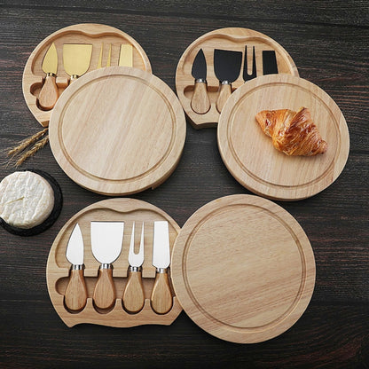 4pcs /Set Round Oak Box Cheese Knife Spatula Stainless Steel Cheese Tools Cutlery, Steel Color, Black, Gold