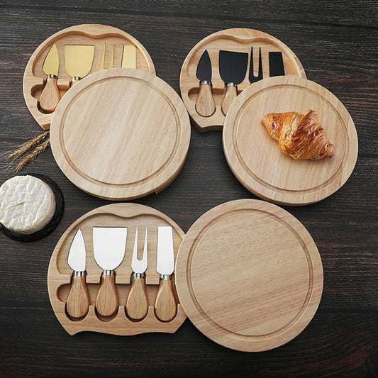 4pcs /Set Round Oak Box Cheese Knife Spatula Stainless Steel Cheese Tools Cutlery, Steel Color, Black, Gold