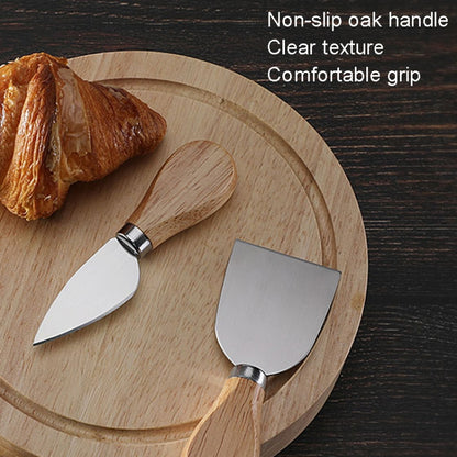 4pcs /Set Round Oak Box Cheese Knife Spatula Stainless Steel Cheese Tools Cutlery, Steel Color, Black, Gold