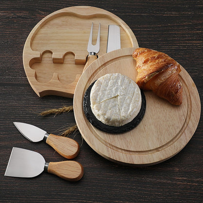 4pcs /Set Round Oak Box Cheese Knife Spatula Stainless Steel Cheese Tools Cutlery, Steel Color, Black, Gold