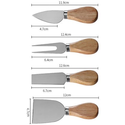 4pcs /Set Round Oak Box Cheese Knife Spatula Stainless Steel Cheese Tools Cutlery, Steel Color, Black, Gold