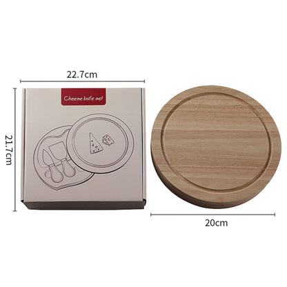 4pcs /Set Round Oak Box Cheese Knife Spatula Stainless Steel Cheese Tools Cutlery, Steel Color, Black, Gold