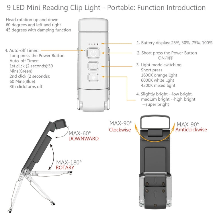 USB Charging Portable Detachable Reading Clip Light Rotatable Eye Protection Mini LED Lamp