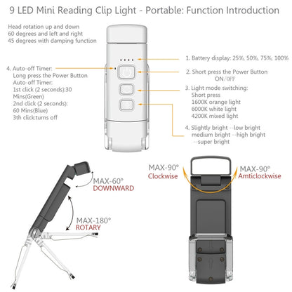 USB Charging Portable Detachable Reading Clip Light Rotatable Eye Protection Mini LED Lamp