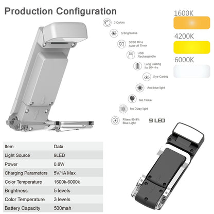 USB Charging Portable Detachable Reading Clip Light Rotatable Eye Protection Mini LED Lamp