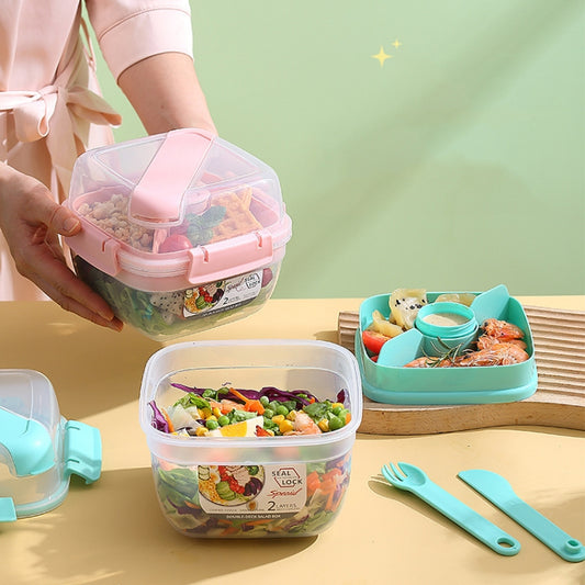 Microwaveable Double Layer Salad Container Picnic Lunch Box with Fork Spoon