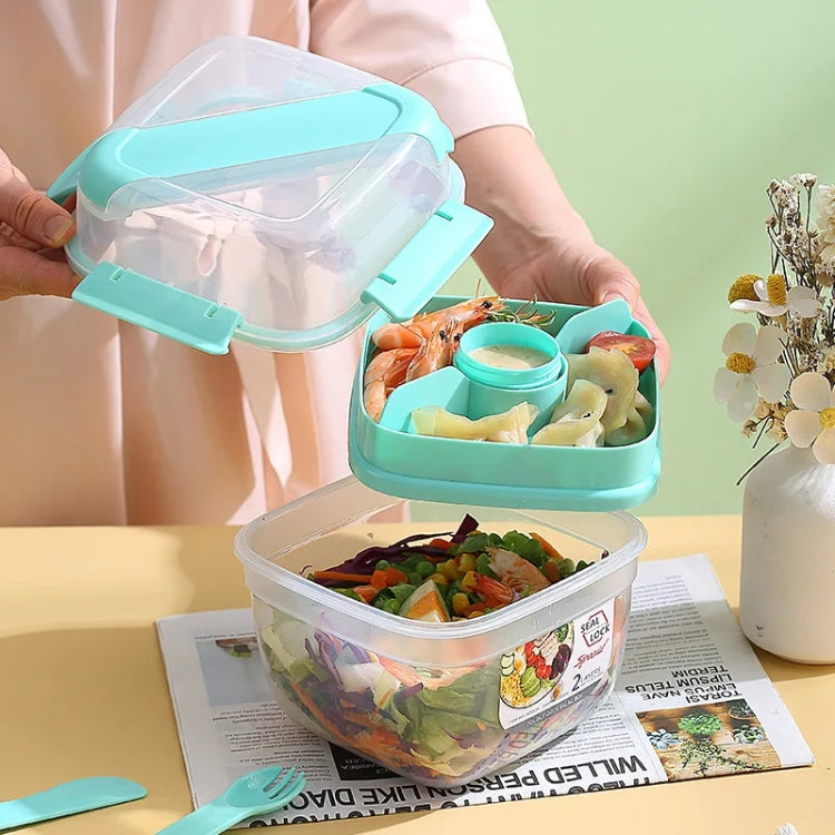 Microwaveable Double Layer Salad Container Picnic Lunch Box with Fork Spoon