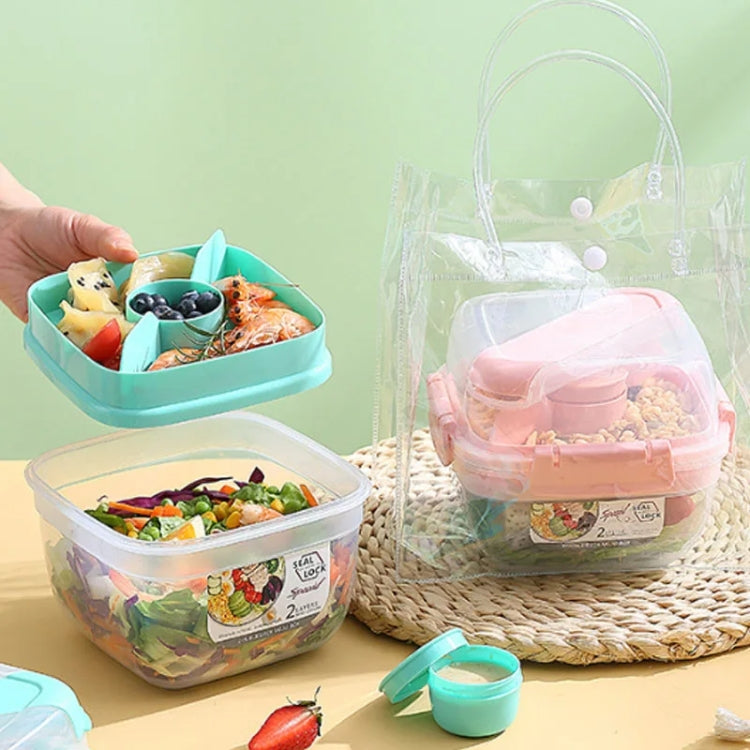 Microwaveable Double Layer Salad Container Picnic Lunch Box with Fork Spoon
