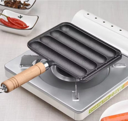 Cast Iron Grill Pan 4-Grid Non-Stick Sausage Grill Pan With Wood Handle
