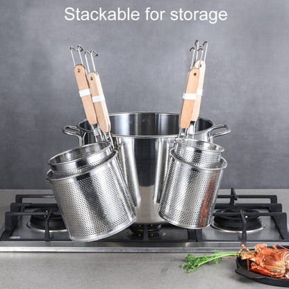 Household Stainless Steel Wooden Handle Spoon Kitchen Filtering Powder Oil Leakage Frying Basket