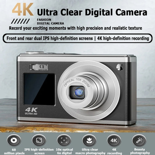 4K HD Optical Zoom Digital Camera 60MP Dual Screen Selfie Camera, No Memory