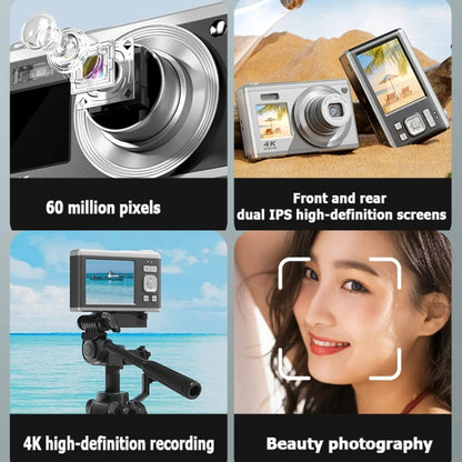 4K HD Optical Zoom Digital Camera 60MP Dual Screen Selfie Camera, No Memory