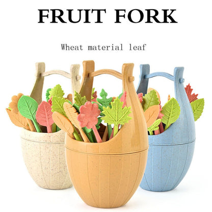 Mini Wheat Fiber Material Tableware Set Snack Dessert Forks, 16pcs Fruit Forks + 1pc Barrel