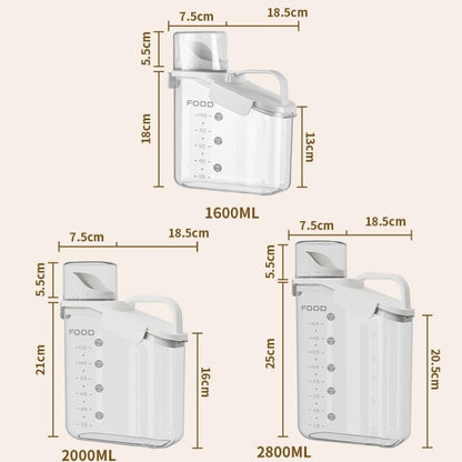 Plastic Sealed Grains Container Dry Food Storage Bin with Measuring Cup Pouring Spout, 2800ml, 2000ml, 1600ml