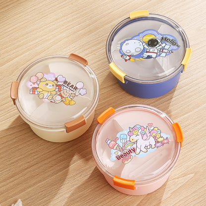 1100ml Cartoon Round Microwaveable Bento Box Outdoor Student Lunch Box, Beauty Pink, Space Blue, Bear Brown