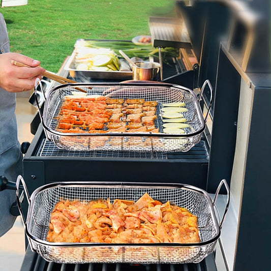 Stainless Steel Square BBQ Basket Heightened Handle Anti-scalding Grill Basket