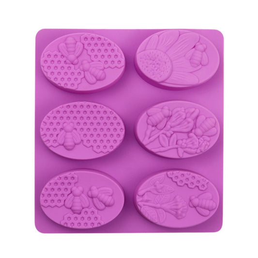 6 Grids Oarbone Bee Silicone Cake Mold Handmade Soap Pudding Mold, Yellow, Purple