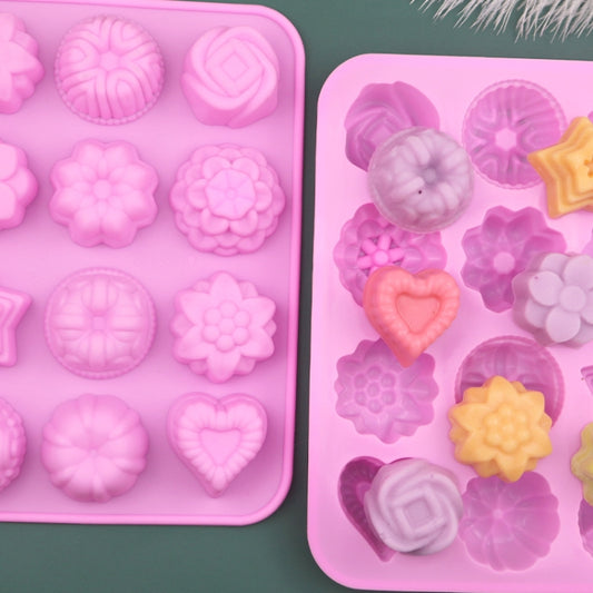 12 Grids Different Flower Grass Shape Silicon Model Kitchen Baking Cake Model DIY Handmade Soap Mould, Pink Light Model, Pink Heavy Model