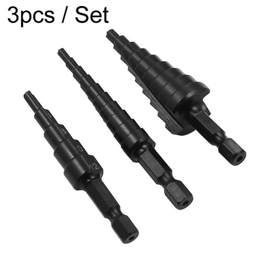 Hexagonal Shank Nitrided Straight Fluted Step Drill HSS Pagoda Drill Hole Opener, 3pcs / Set