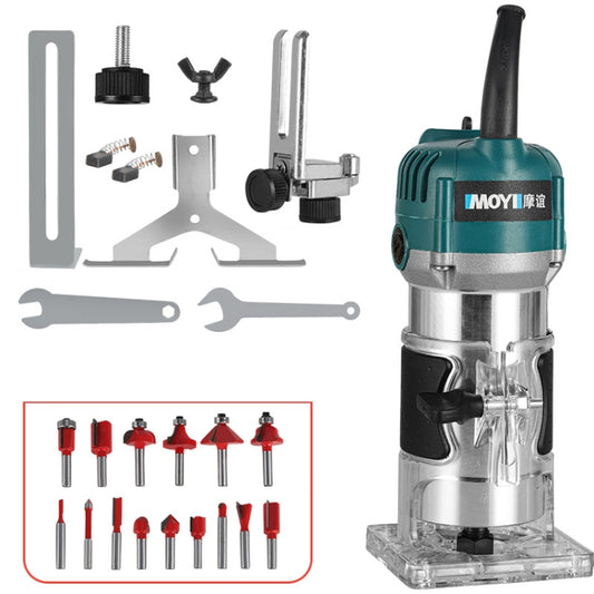 MOYI Aluminum Body Multifunctional Small Electric Woodworking Carving Slotting Trimming Machine, 15 Milling Cutters EU Plug, 15 Milling Cutters US Plug