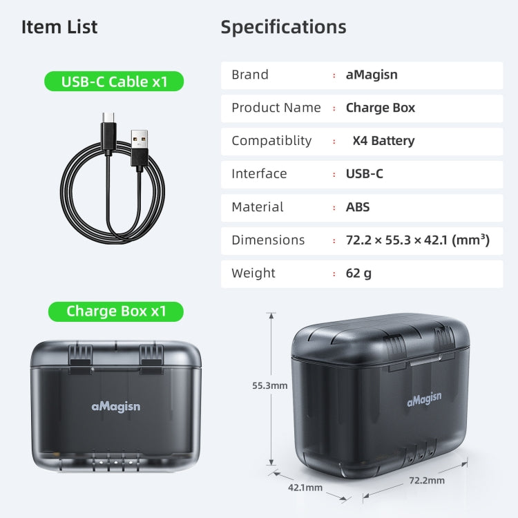 For Insta360 X4 AMagisn Dual Battery Charging Box Transparent Battery Storage Compartment, For Insta360 X4  Transparent