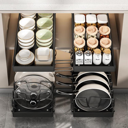 Kitchen Pull-Out Rack Pots And Pans Organizer Cabinet Countertop Dish Tray, 42cm Black, 42cm With Baffle Black, 42cm White, 42cm With Baffle White, 52cm Black, 52cm With Baffle Black, 52cm White, 52cm With Baffle White