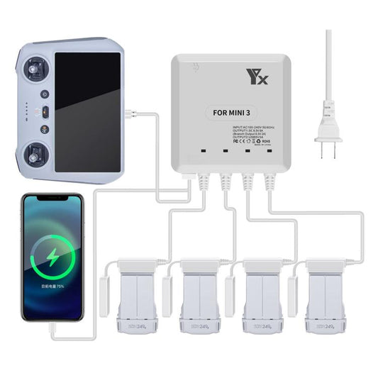شاحن بطارية YX رباعي الاتجاهات لطائرات DJI Mini 4 Pro / Mini 3 Pro / Mini 3 بدون طيار، قابس الولايات المتحدة، قابس الاتحاد الأوروبي، قابس المملكة المتحدة، قابس أستراليا