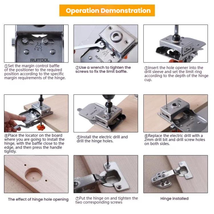 RUITOOL Stainless Steel Hinge Puncher Locator Adjustable Margin Quick Jig Woodworking Closet Door Hinge Punching Tool, 5 In 1, 6 In 1