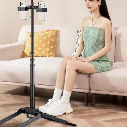 Adjustable 55-Inch Quadpod Live Streaming Phone Stand Foldable Tripod With Dual Phone Clip & 1/4 Inch Screw