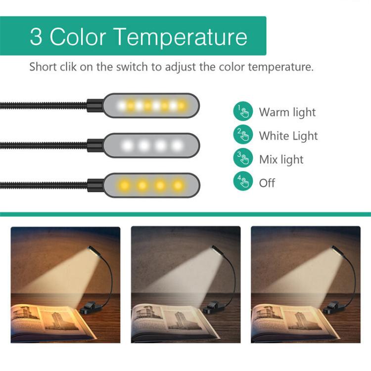 Hose Clip Book Light Night Reading Lamp Adjustable Brightness USB Rechargeable Book Clip Lights, 8LED Long Strip Type-White, 8LED Long Strip Type-Black, 12LED Shower Type-White