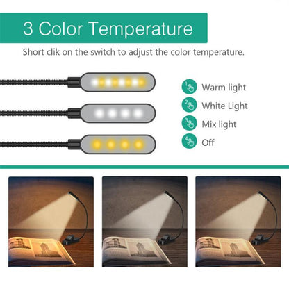Hose Clip Book Light Night Reading Lamp Adjustable Brightness USB Rechargeable Book Clip Lights, 8LED Long Strip Type-White, 8LED Long Strip Type-Black, 12LED Shower Type-White