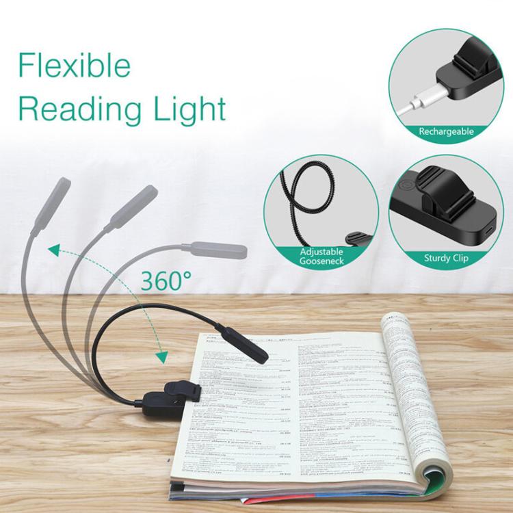 Hose Clip Book Light Night Reading Lamp Adjustable Brightness USB Rechargeable Book Clip Lights, 8LED Long Strip Type-White, 8LED Long Strip Type-Black, 12LED Shower Type-White