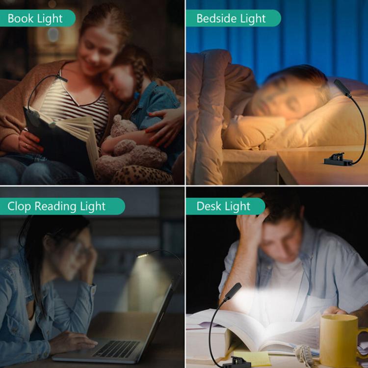 Hose Clip Book Light Night Reading Lamp Adjustable Brightness USB Rechargeable Book Clip Lights, 8LED Long Strip Type-White, 8LED Long Strip Type-Black, 12LED Shower Type-White