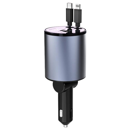 100W Metal Car Retractable Cable Cigarette Lighter Charger, 8 Pin+TYPE-C, 8 Pin+8 Pin (2.4A), TYPE-C+TYPE-C (PD+QC)