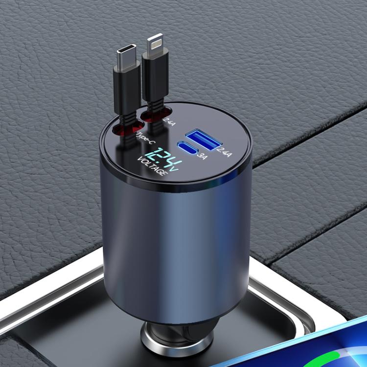 100W Metal Car Retractable Cable Cigarette Lighter Charger, 8 Pin+TYPE-C, 8 Pin+8 Pin (2.4A), TYPE-C+TYPE-C (PD+QC)