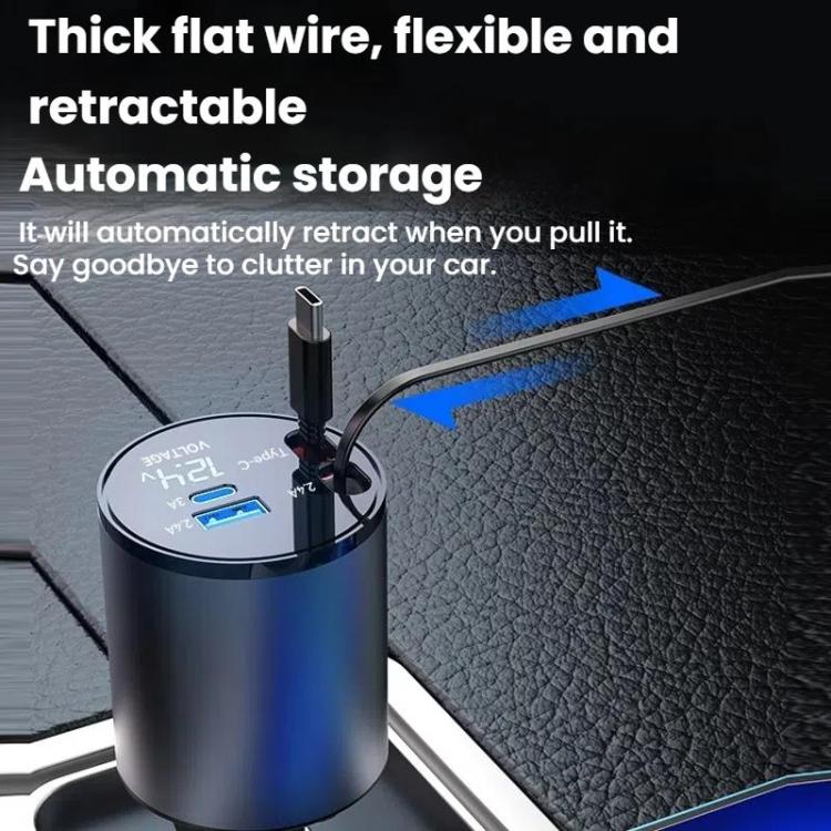 100W Metal Car Retractable Cable Cigarette Lighter Charger, 8 Pin+TYPE-C, 8 Pin+8 Pin (2.4A), TYPE-C+TYPE-C (PD+QC)