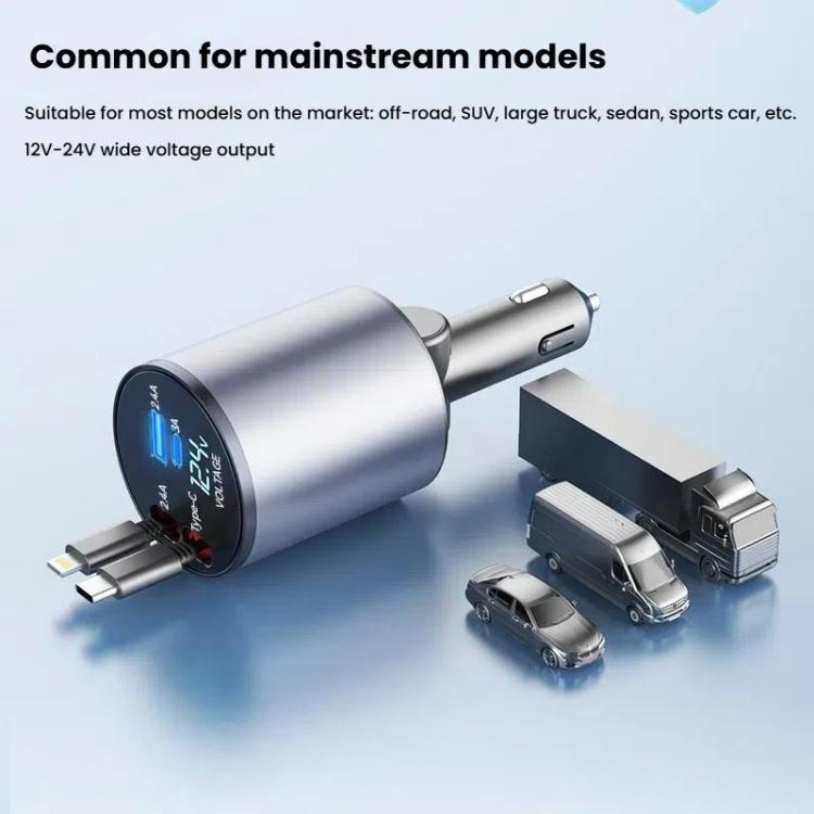 100W Metal Car Retractable Cable Cigarette Lighter Charger, 8 Pin+TYPE-C, 8 Pin+8 Pin (2.4A), TYPE-C+TYPE-C (PD+QC)