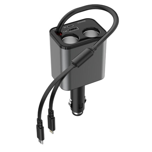 120W 1 To 2 Retractable USB Car Fast Charging Charger With Cigarette Lighter