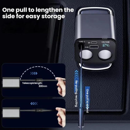 120W 1 To 2 Retractable USB Car Fast Charging Charger With Cigarette Lighter