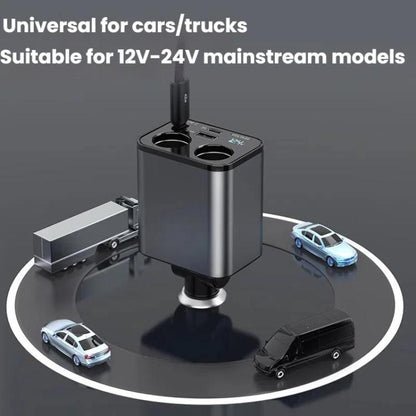 120W 1 To 2 Retractable USB Car Fast Charging Charger With Cigarette Lighter