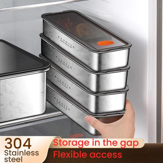 Kacheeg Stainless Steel Slim Rectangular Food Storage Container 304 Narrow Space-Saving Fridge Organizer Box, Sealed, Regular
