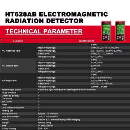 HABOTEST HT628B Multi-Field EMF Meter Rechargeable Electromagnetic Radiation Tester