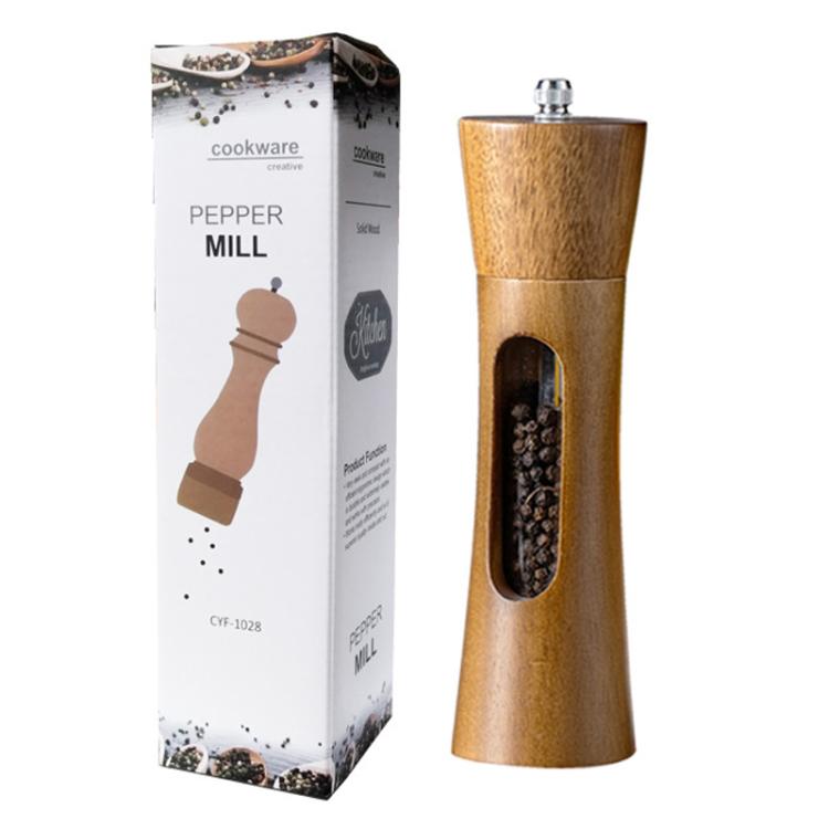 8 inch Acrylic Pepper Grinder Pagoda-shaped Wooden Kitchen Pepper Mill, Single With Box, Double+Base+Spoon+Steel Brush+Black Brush