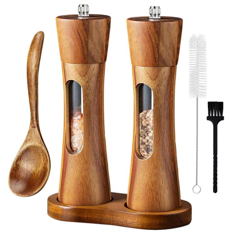 8 inch Acrylic Pepper Grinder Pagoda-shaped Wooden Kitchen Pepper Mill, Single With Box, Double+Base+Spoon+Steel Brush+Black Brush