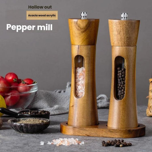 8 inch Acrylic Pepper Grinder Pagoda-shaped Wooden Kitchen Pepper Mill, Single With Box, Double+Base+Spoon+Steel Brush+Black Brush