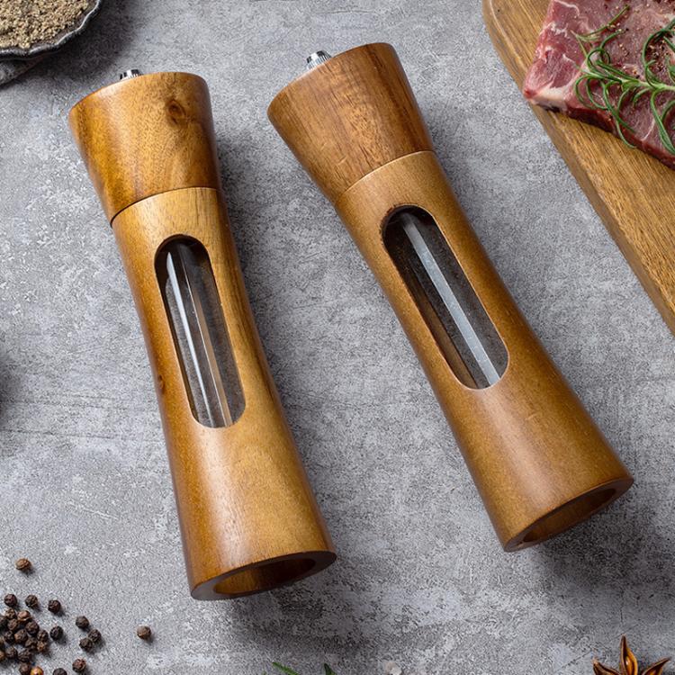 8 inch Acrylic Pepper Grinder Pagoda-shaped Wooden Kitchen Pepper Mill, Single With Box, Double+Base+Spoon+Steel Brush+Black Brush