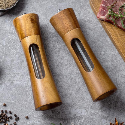 8 inch Acrylic Pepper Grinder Pagoda-shaped Wooden Kitchen Pepper Mill, Single With Box, Double+Base+Spoon+Steel Brush+Black Brush